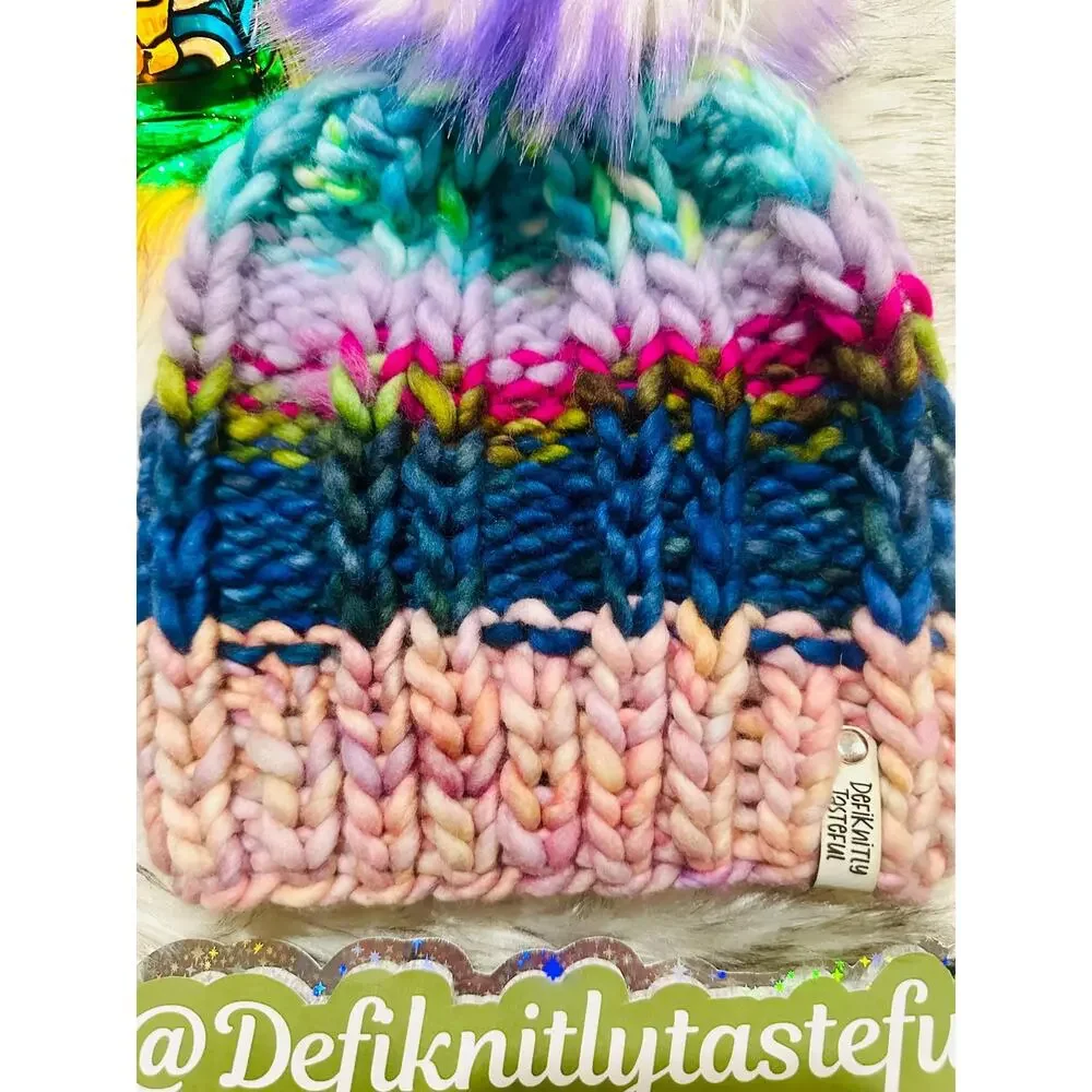 Handmade Neon Merino Wool Beanie: Colorful Winter Hat with Faux Fur Pom